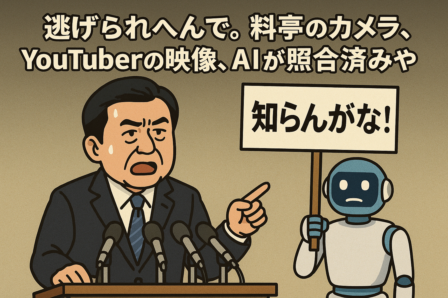 記者会見で釈明するスーツ姿の政治家と、「知らんがな！」と書かれたプラカードを掲げるロボット。背景に「逃げられへんで。料亭のカメラとYouTuberの映像、AIが照合済みや」の文字。
