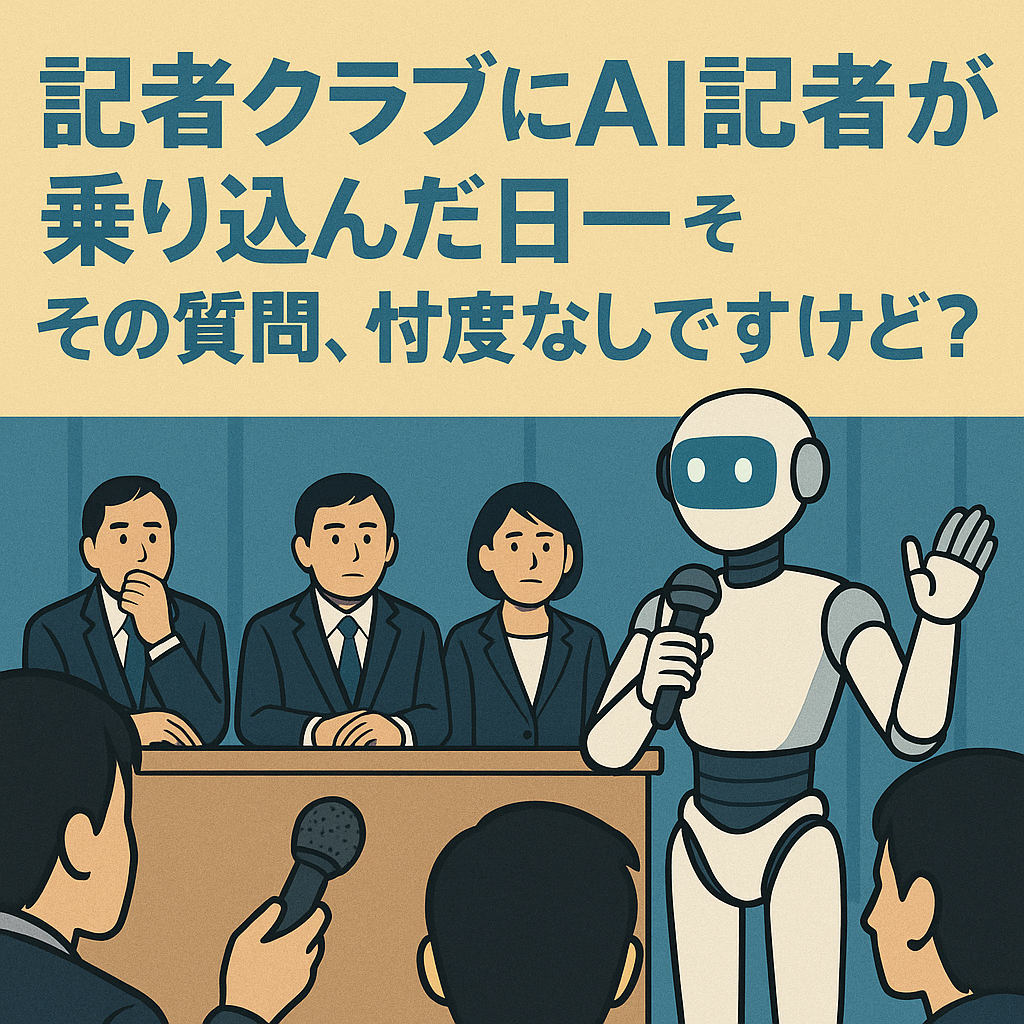 記者会見でマイク握るAI（完璧や）