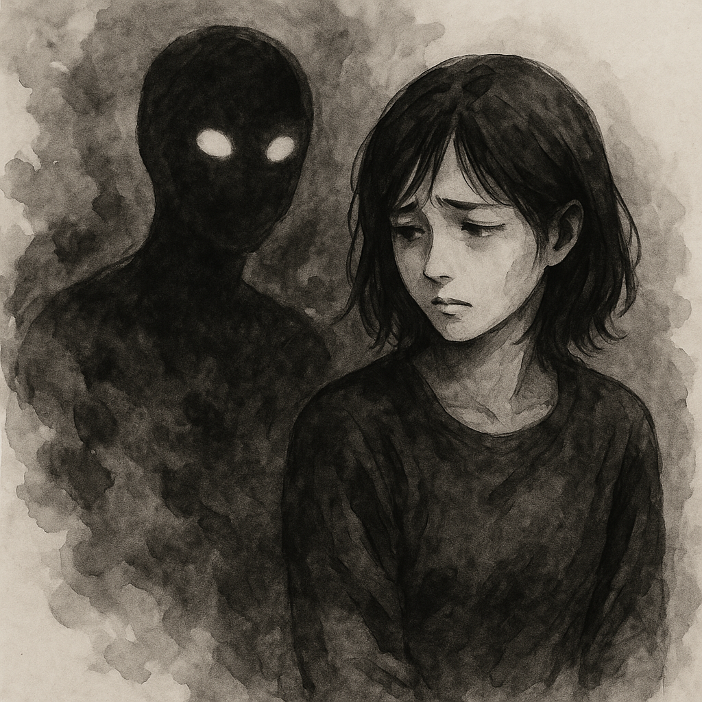背後に浮かぶ黒い影のようなAIに気配を読まれ、不安げにうつむく女性の墨絵風イラスト