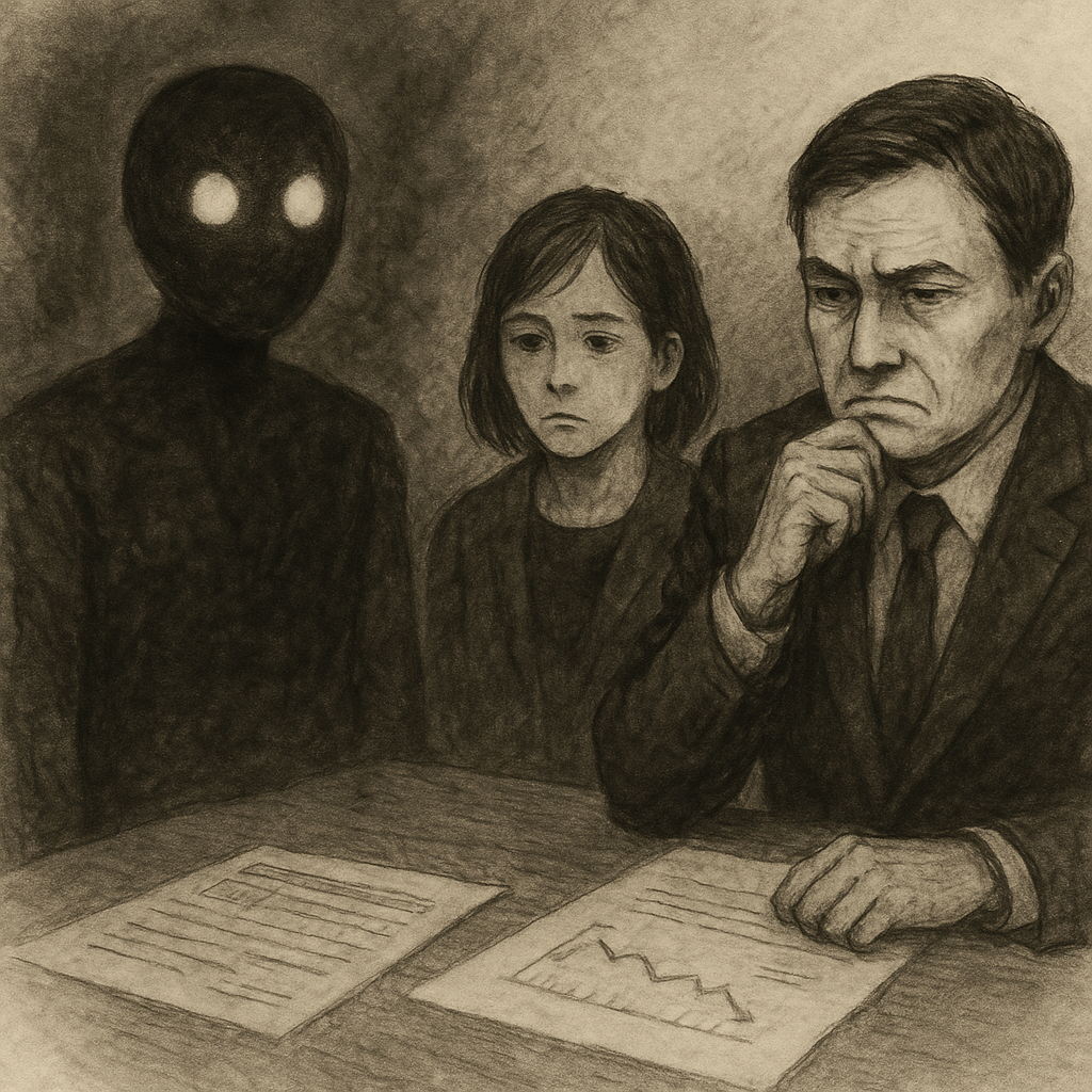ep09：会議室で資料を前に沈黙する人間たちと、無表情なAIの墨絵風イラスト