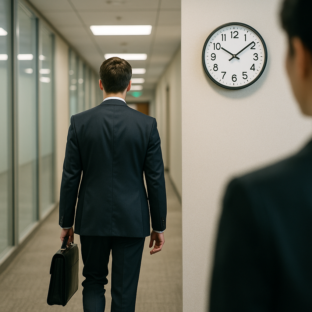 オフィスを定時に退社するスーツ姿の人物