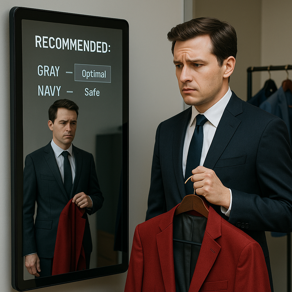 AIに服を選ばれて困惑するスーツ姿の男性