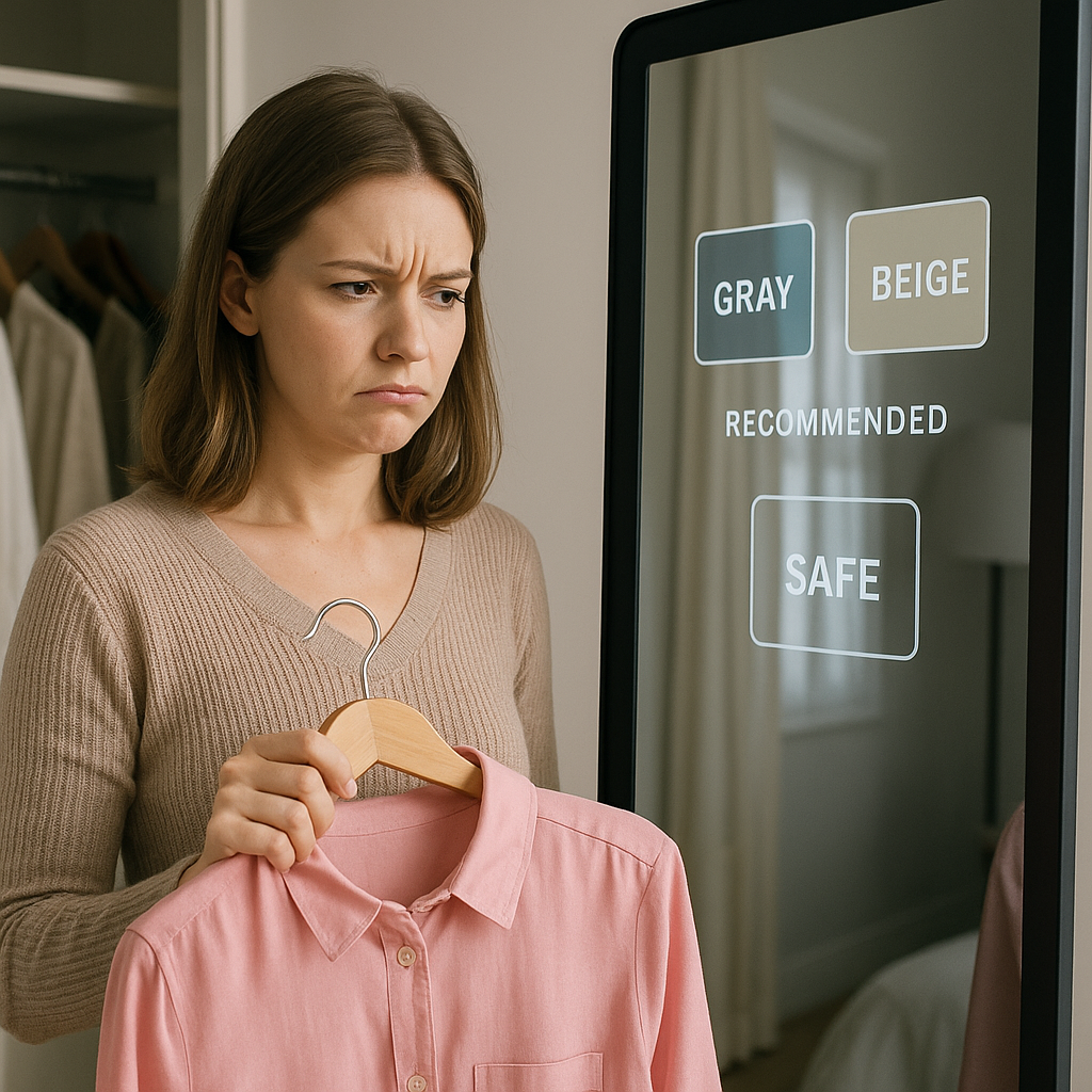 ピンクの服を手に悩む女性とAIの服装アドバイス画面