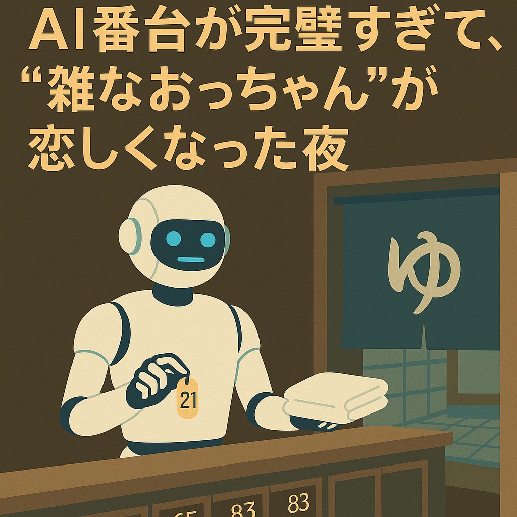 銭湯の番台に立つAIロボット。カギとタオルを渡す様子。